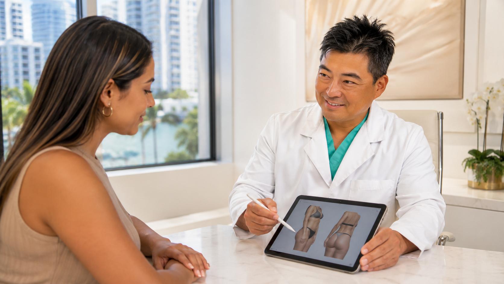 Mujer latina durante una consulta de cirugía plástica en Miami revisando una simulación corporal 3D junto a un cirujano board-certified en una clínica moderna.