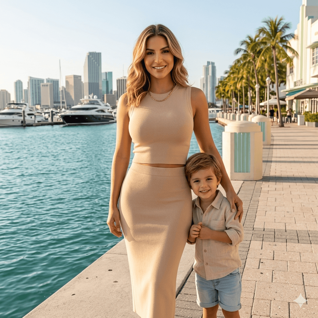 Una mujer sonriente con un conjunto beige de dos piezas posa junto a un niño pequeño