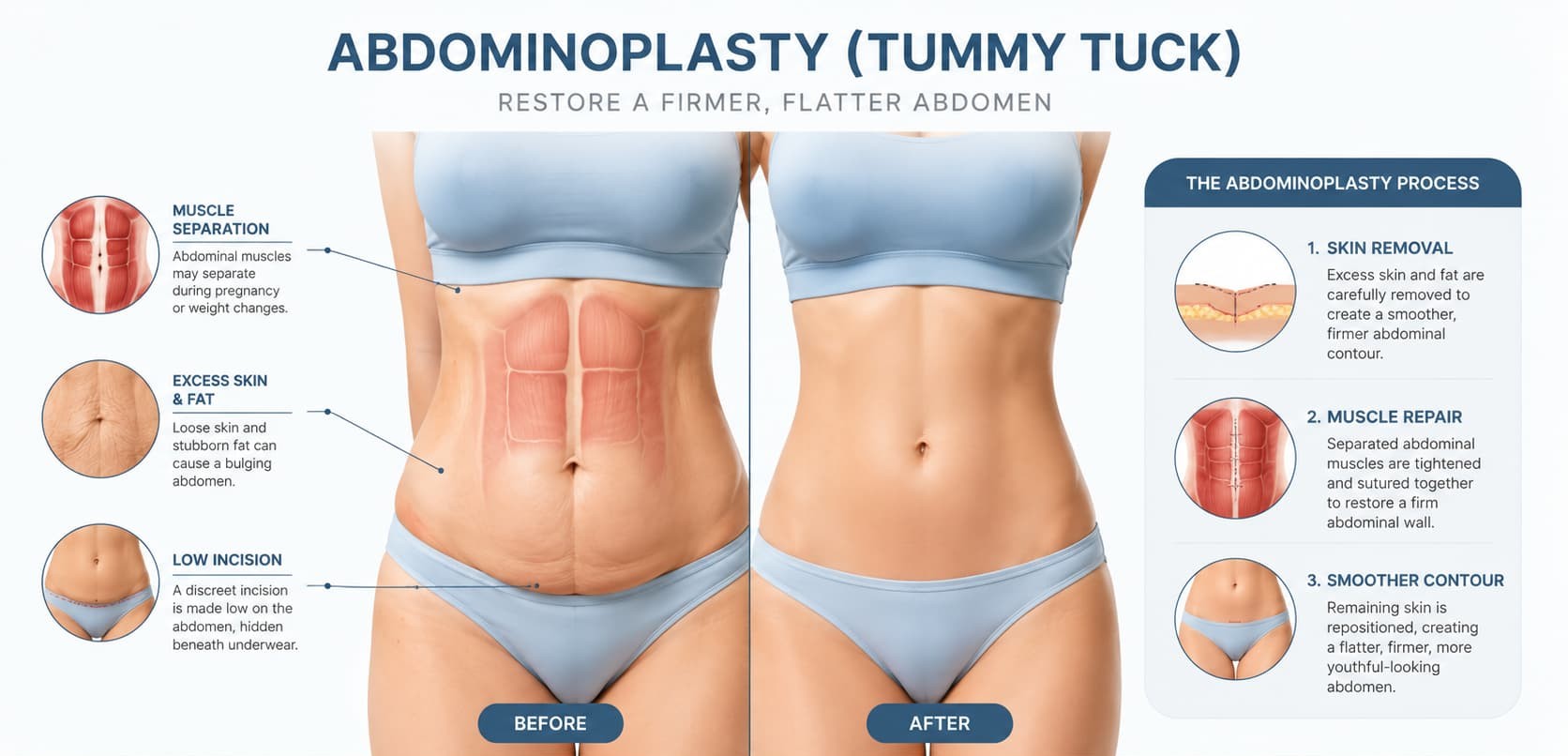 Ilustración médica comparativa del abdomen antes y después de una abdominoplastia