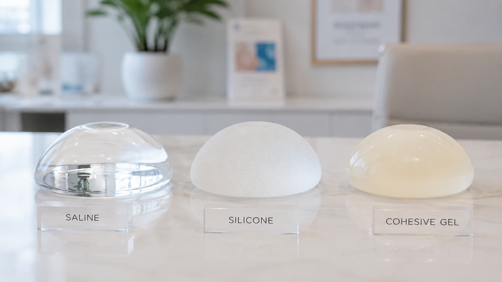 Implantes mamarios de solución salina, silicona y gel cohesivo, mostrando los principales tipos de implantes para aumento de senos.