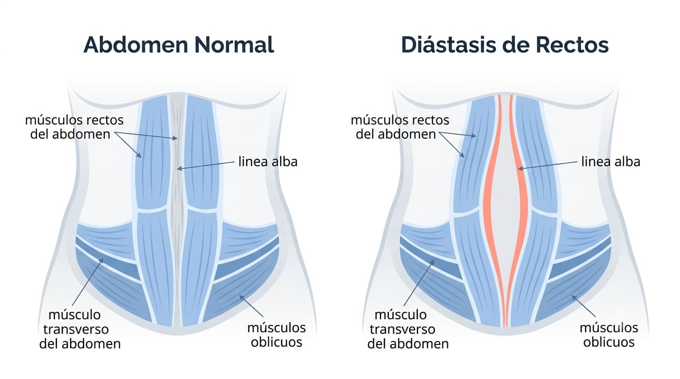 Ilustración comparativa de un abdomen normal y uno con diástasis de rectos